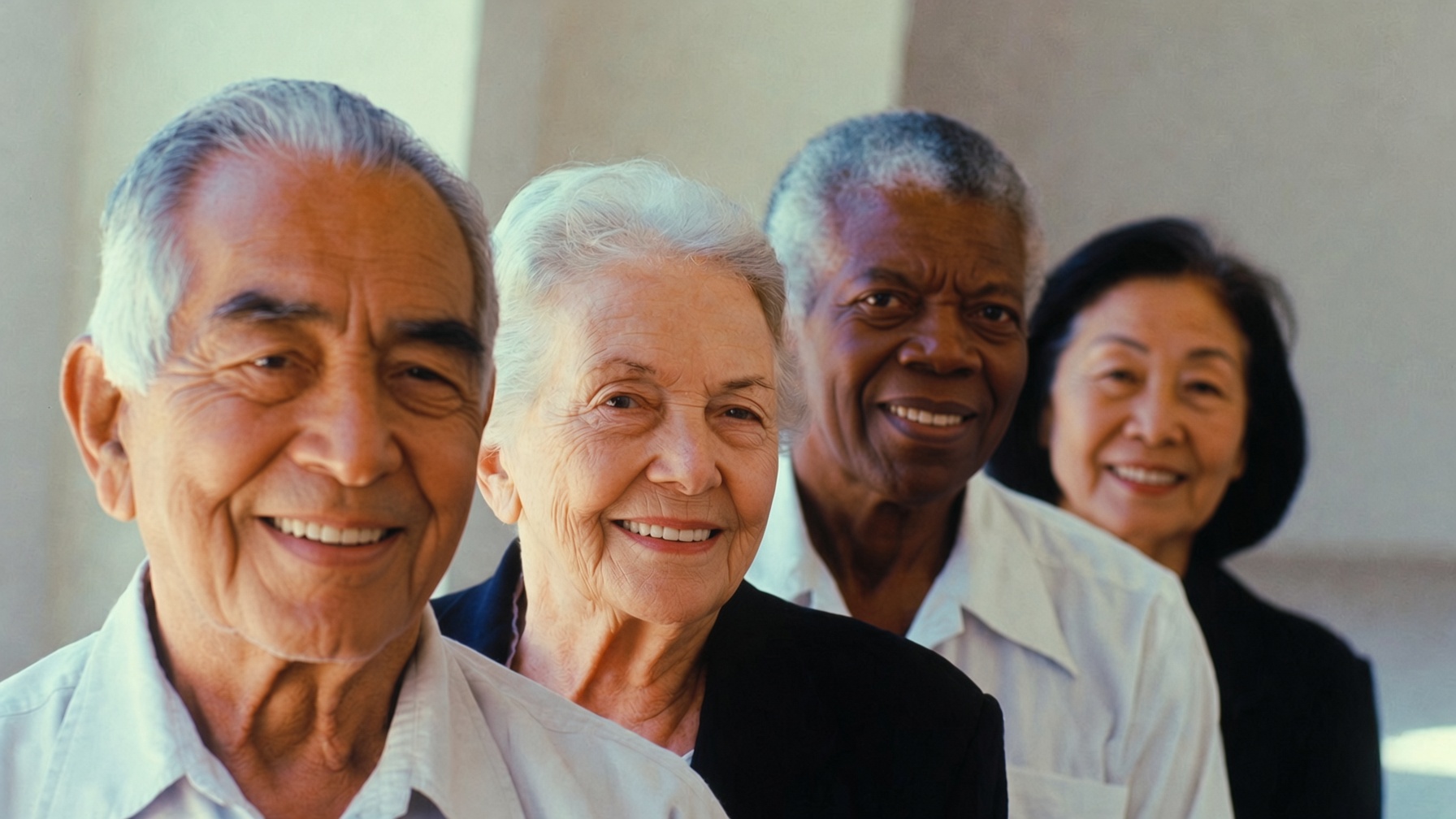 Four smiling older adults standing together